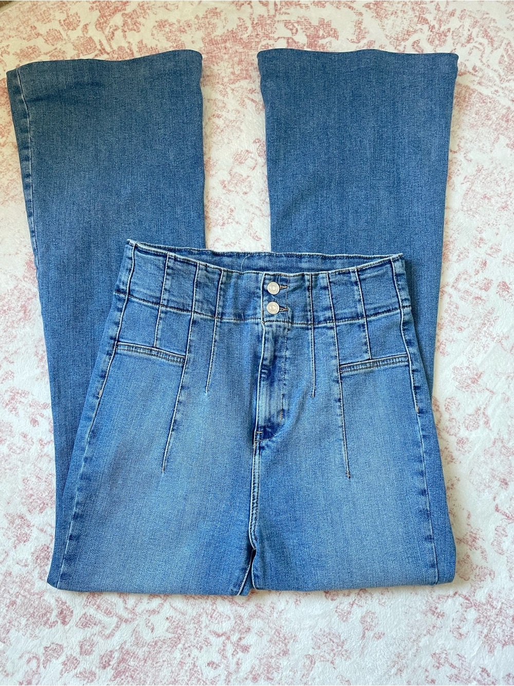 Free People Jayde High-Rise Blue Flare Jeans with Double Button Waist